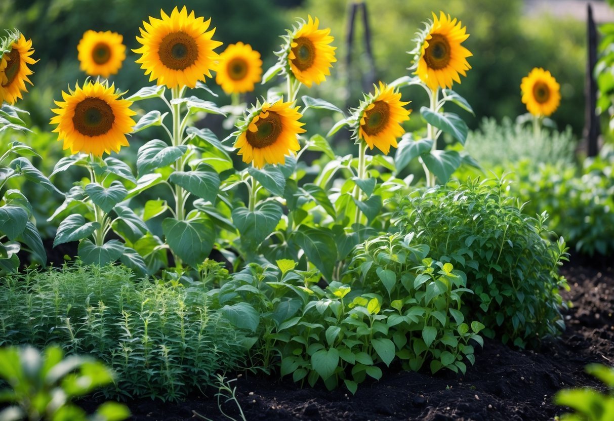 19+ Sunflower Garden Ideas: Stunning Designs to Brighten Your US Backyard 6 A garden with tall sunflowers growing alongside green herbs like basil, rosemary, and thyme.