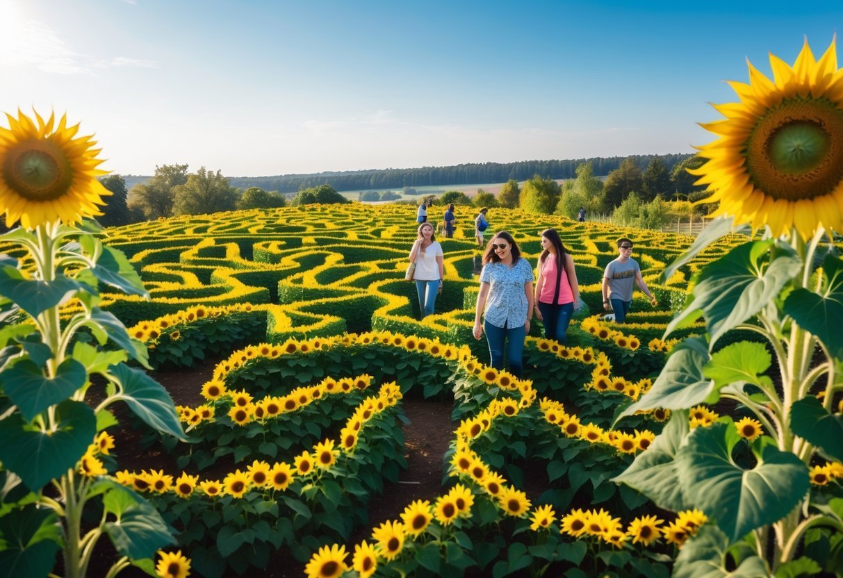 19+ Sunflower Garden Ideas: Stunning Designs to Brighten Your US Backyard 7 A large sunflower garden maze with tall sunflowers forming pathways and people walking through it on a sunny day.