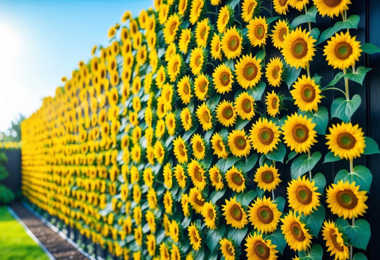 19+ Sunflower Garden Ideas: Stunning Designs to Brighten Your US Backyard 8 A vertical wall densely covered with bright yellow sunflowers in full bloom outdoors under a clear blue sky.