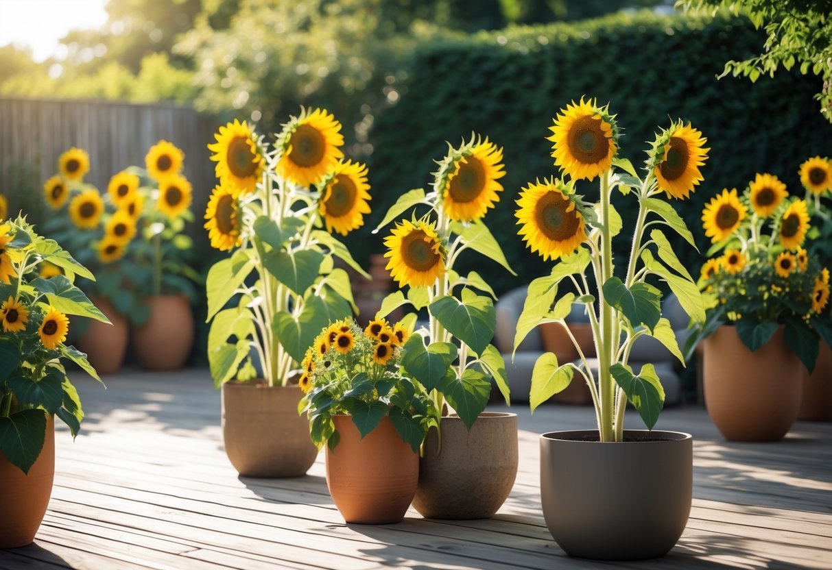 19+ Sunflower Garden Ideas: Stunning Designs to Brighten Your US Backyard 9 A patio garden with several containers filled with blooming sunflowers in bright sunlight.