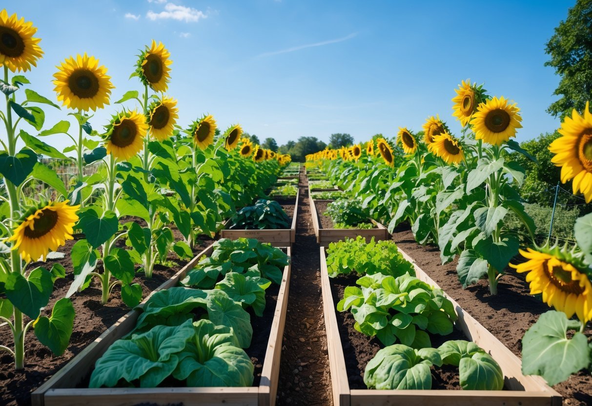 19+ Sunflower Garden Ideas: Stunning Designs to Brighten Your US Backyard 10 A vegetable garden with beds surrounded by tall sunflowers in full bloom on a sunny day.