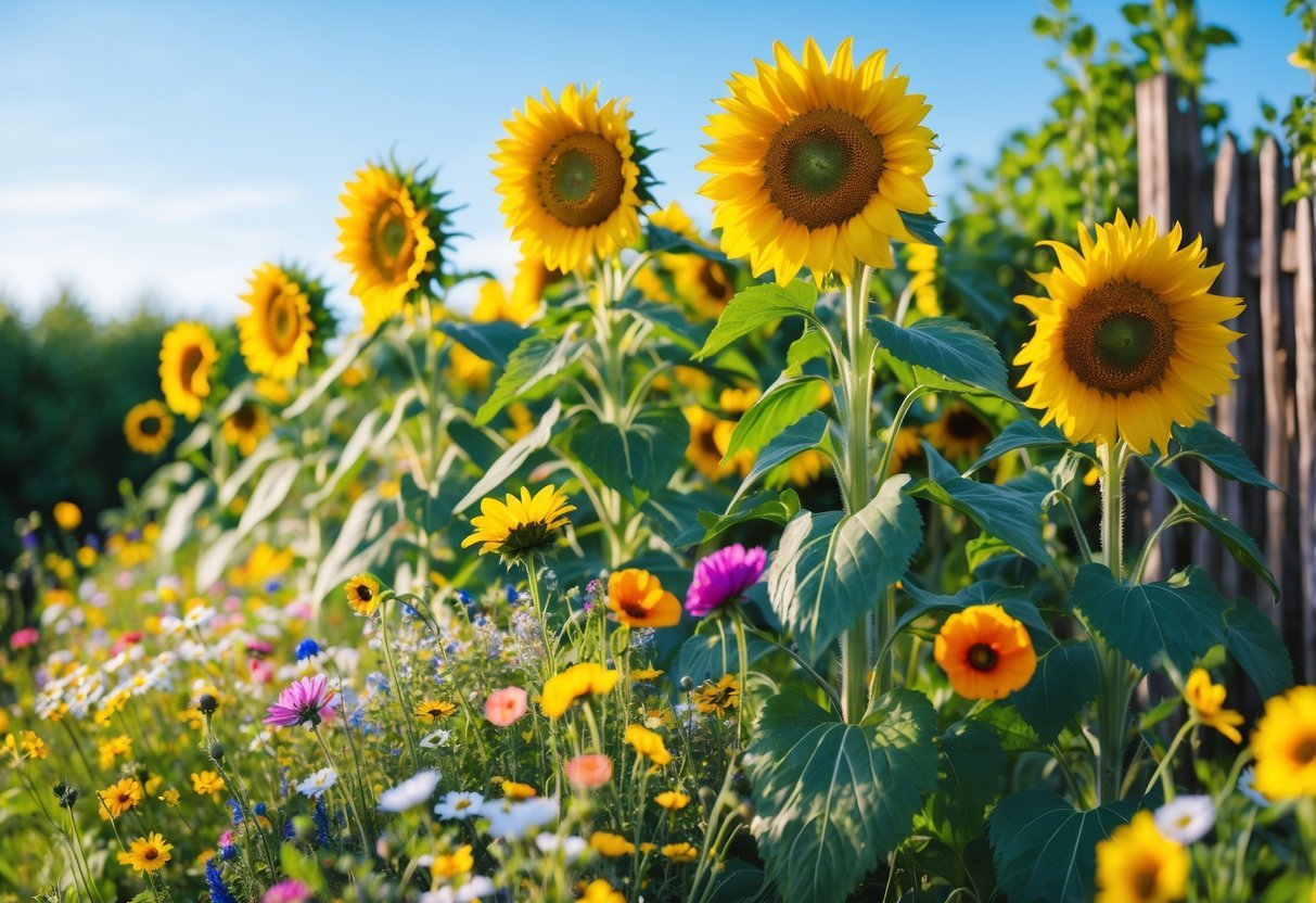 19+ Sunflower Garden Ideas: Stunning Designs to Brighten Your US Backyard 11 A garden filled with a mix of wildflowers and tall sunflowers under a clear blue sky.