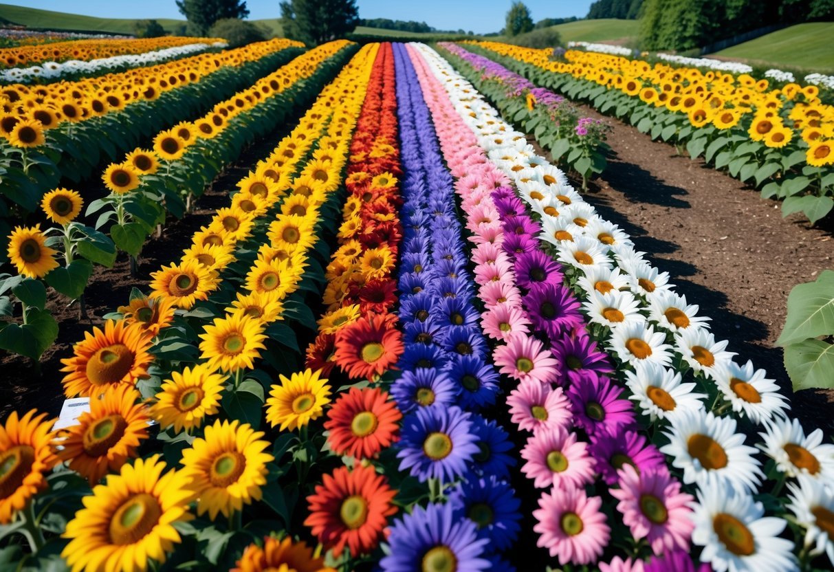 19+ Sunflower Garden Ideas: Stunning Designs to Brighten Your US Backyard 12 A sunflower garden with sunflowers arranged in rows displaying a rainbow of colors including yellow, orange, red, pink, purple, and white under a clear blue sky.