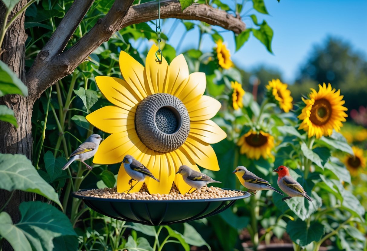 19+ Sunflower Garden Ideas: Stunning Designs to Brighten Your US Backyard 13 A sunflower-shaped bird feeder hanging in a garden surrounded by blooming sunflowers and small birds feeding.