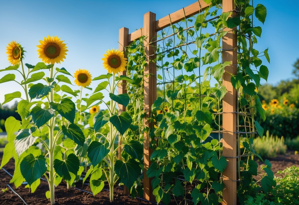 19+ Sunflower Garden Ideas: Stunning Designs to Brighten Your US Backyard 14 A garden with tall sunflowers growing next to a wooden trellis covered in green vines under a clear blue sky.