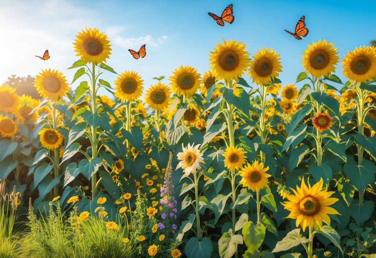 19+ Sunflower Garden Ideas: Stunning Designs to Brighten Your US Backyard 15 A garden with tall sunflowers and colorful butterflies flying among the flowers under a clear blue sky.