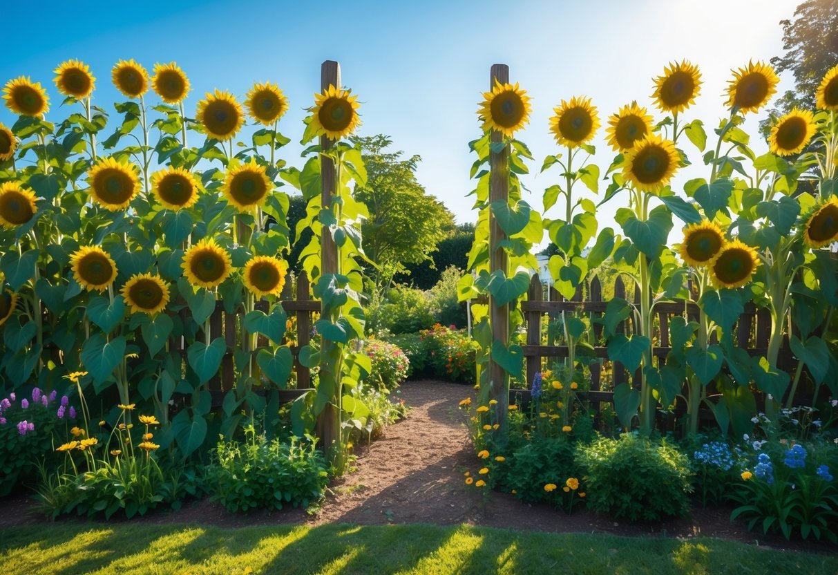 19+ Sunflower Garden Ideas: Stunning Designs to Brighten Your US Backyard 16 A garden surrounded by a dense fence made of tall, blooming sunflowers with green plants inside under a clear sky.