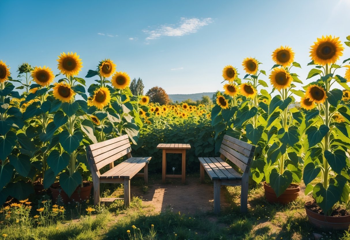 19+ Sunflower Garden Ideas: Stunning Designs to Brighten Your US Backyard 17 A sunflower patch with tall sunflowers surrounding a wooden seating area with benches and a table in a garden.