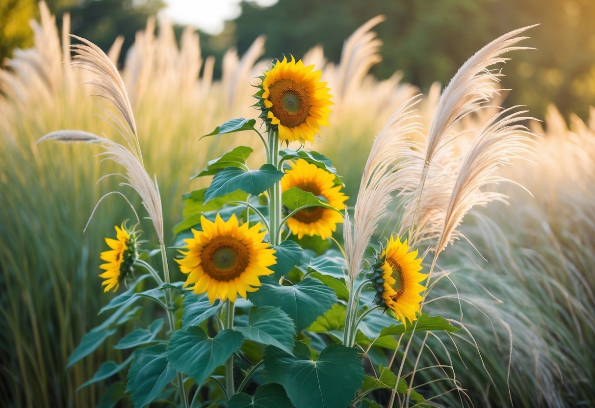 19+ Sunflower Garden Ideas: Stunning Designs to Brighten Your US Backyard 18 A garden with bright yellow sunflowers growing alongside tall, feathery ornamental grasses under natural sunlight.