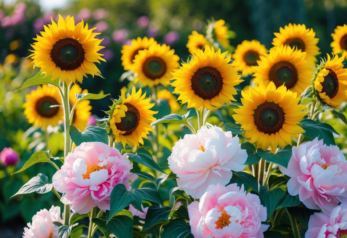 19+ Sunflower Garden Ideas: Stunning Designs to Brighten Your US Backyard 19 A garden filled with bright yellow sunflowers and soft pink and white peonies growing together.