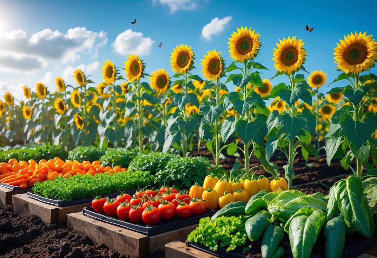 19+ Sunflower Garden Ideas: Stunning Designs to Brighten Your US Backyard 20 A garden with tall sunflowers growing alongside rows of various vegetables under a clear blue sky.