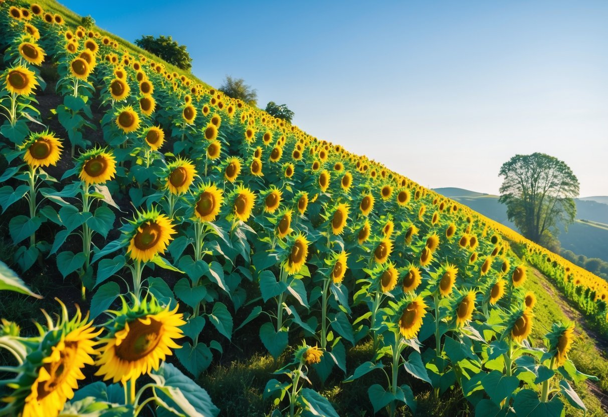 19+ Sunflower Garden Ideas: Stunning Designs to Brighten Your US Backyard 21 A sloped hill covered densely with bright yellow sunflowers under a clear blue sky.