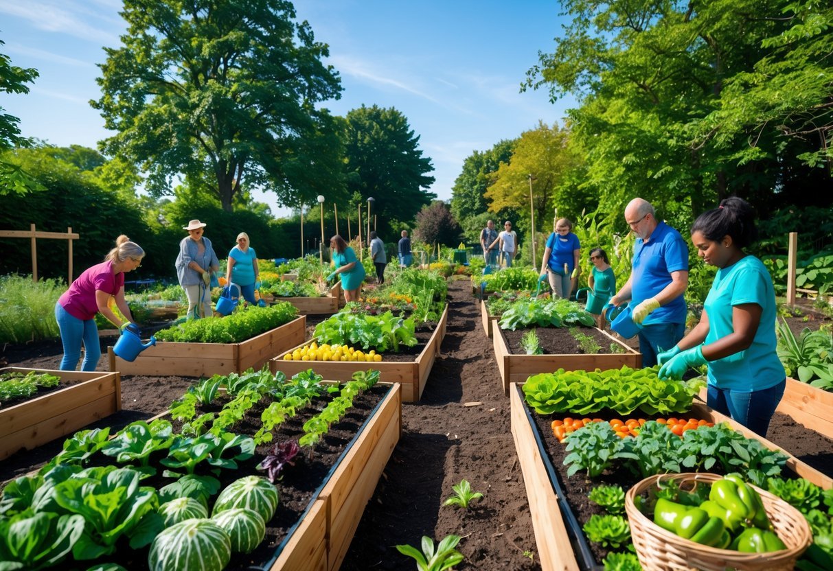23+ Community Garden Plot Ideas: Must-Try Designs for US Urban Growers 2 A community garden plot with people planting and harvesting vegetables in raised beds on a sunny day.