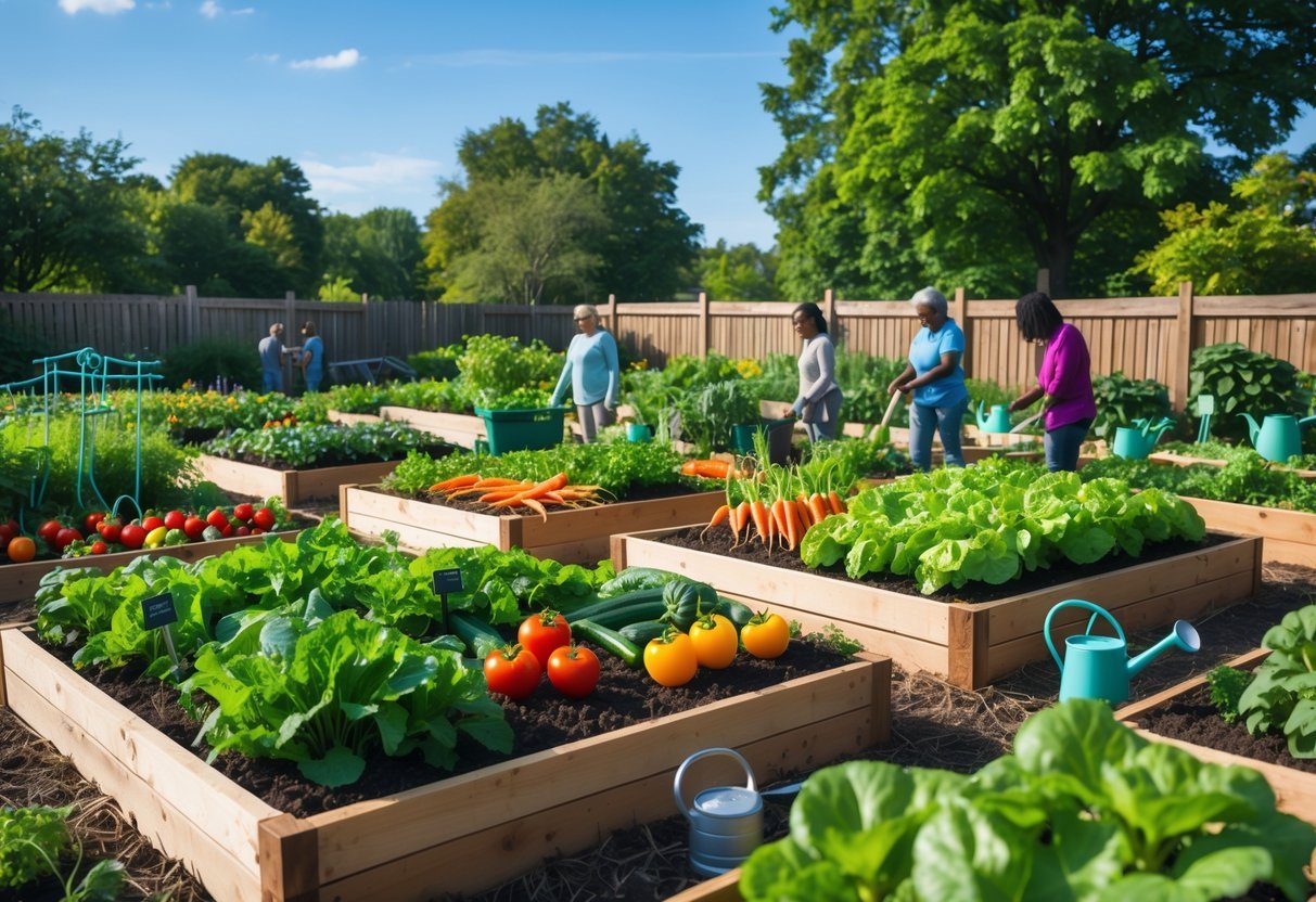 23+ Community Garden Plot Ideas: Must-Try Designs for US Urban Growers 3 A community garden with raised beds full of various vegetables and people gardening on a sunny day.
