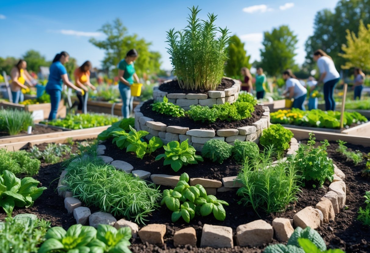 23+ Community Garden Plot Ideas: Must-Try Designs for US Urban Growers 4 A community garden with a stone herb spiral planted with various green herbs, surrounded by other garden plots and people gardening on a sunny day.