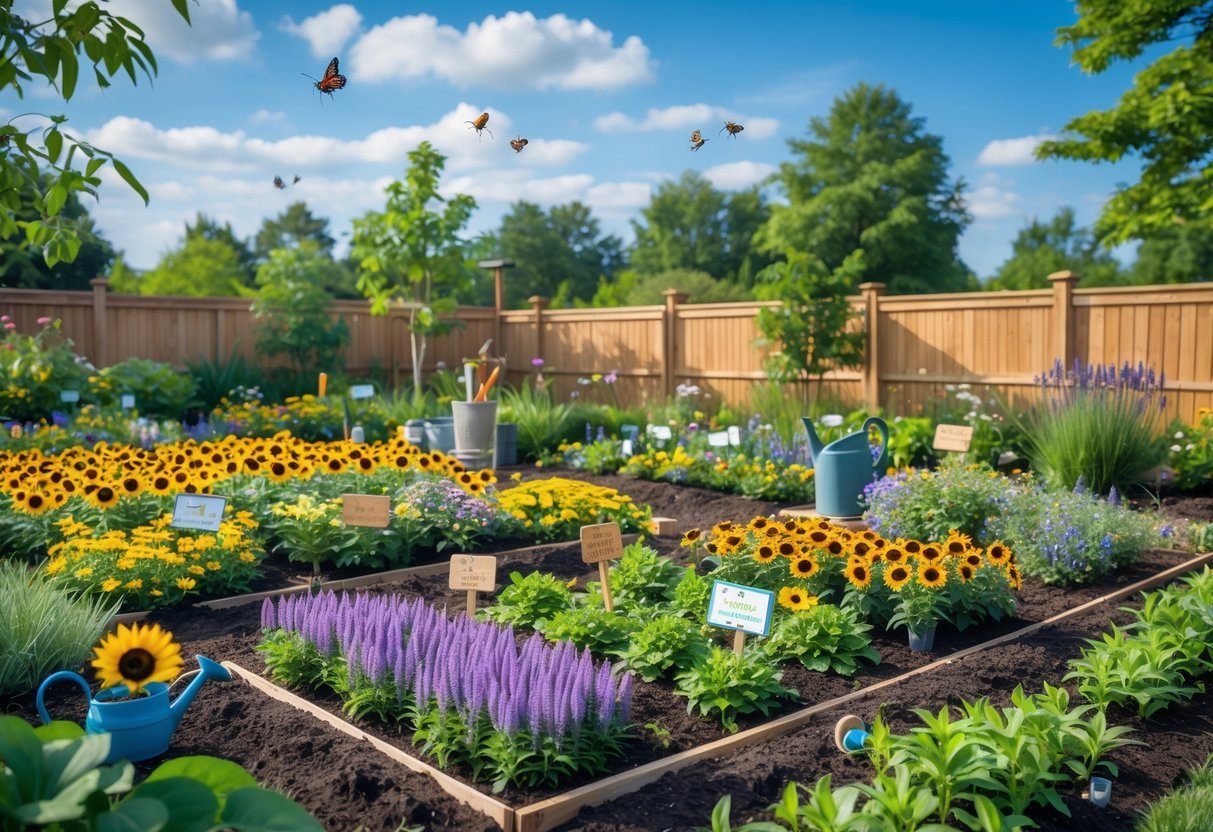 23+ Community Garden Plot Ideas: Must-Try Designs for US Urban Growers 5 A community garden plot filled with colorful flowers and plants attracting bees, butterflies, and hummingbirds on a sunny day.