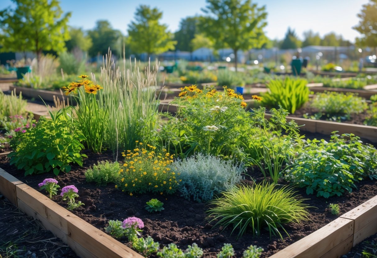 23+ Community Garden Plot Ideas: Must-Try Designs for US Urban Growers 6 A community garden plot filled with various native plants and wildflowers under a clear sky.