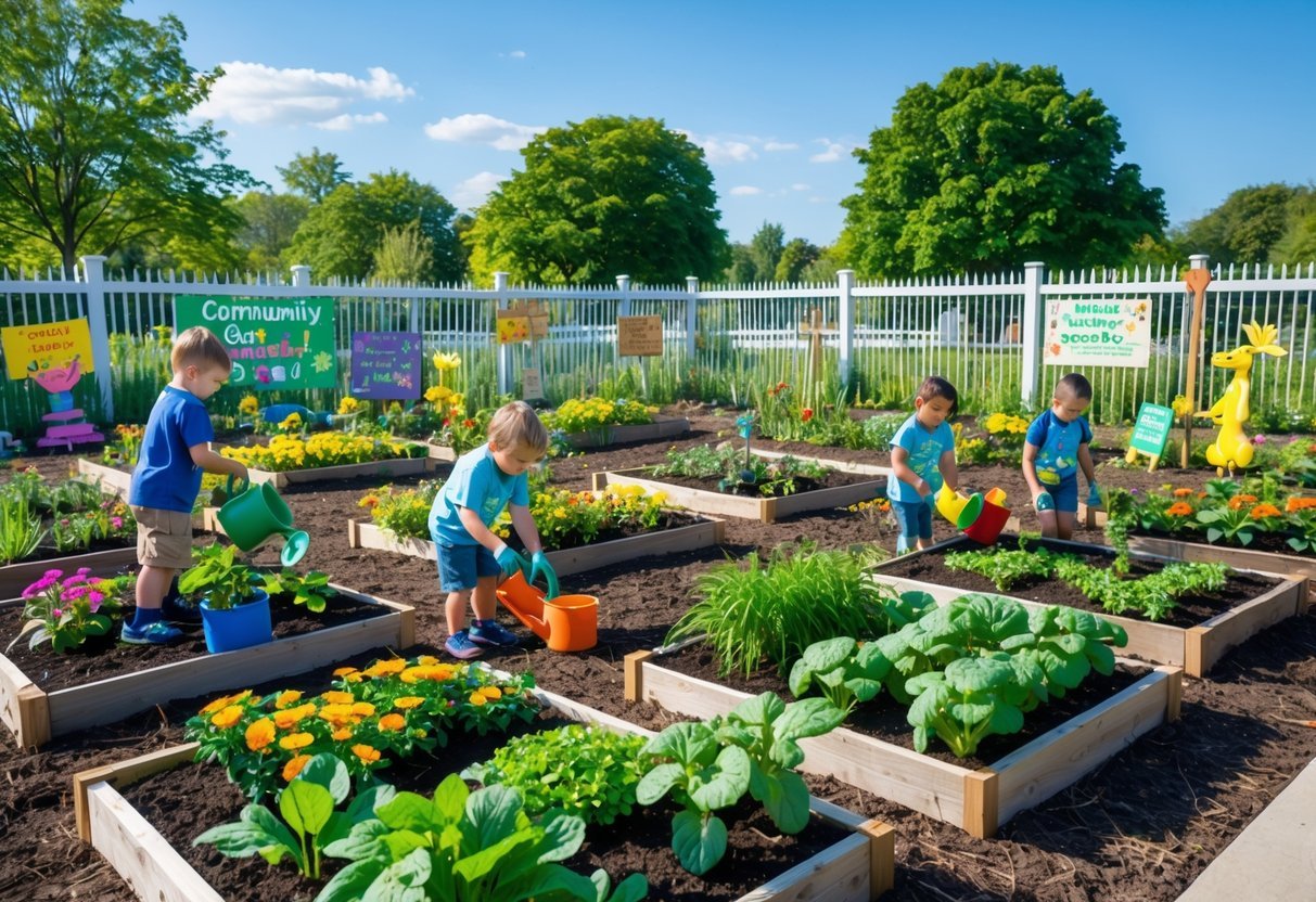 23+ Community Garden Plot Ideas: Must-Try Designs for US Urban Growers 7 Children working together in a colorful community garden with small plots of flowers and vegetables on a sunny day.