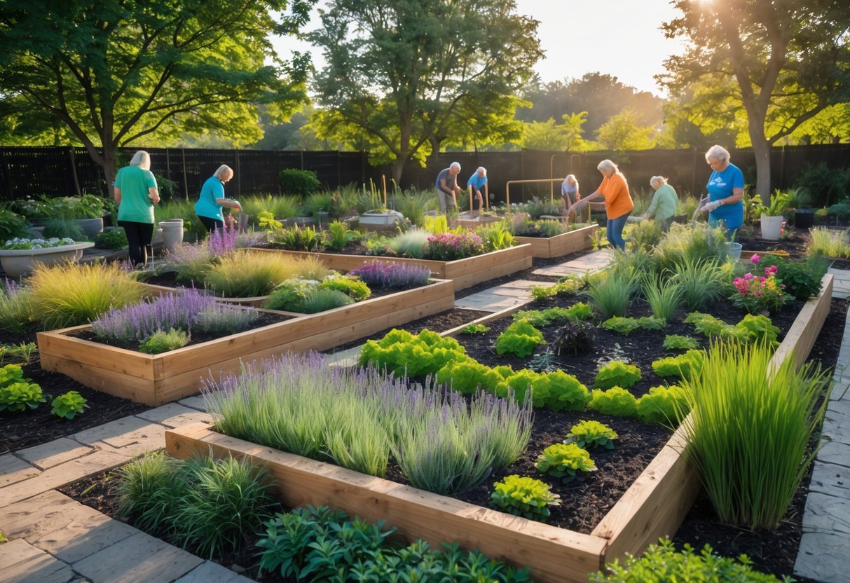 23+ Community Garden Plot Ideas: Must-Try Designs for US Urban Growers 8 A community sensory garden plot with colorful flowers, fragrant herbs, textured plants, a small water feature, and people tending to the garden on a sunny day.