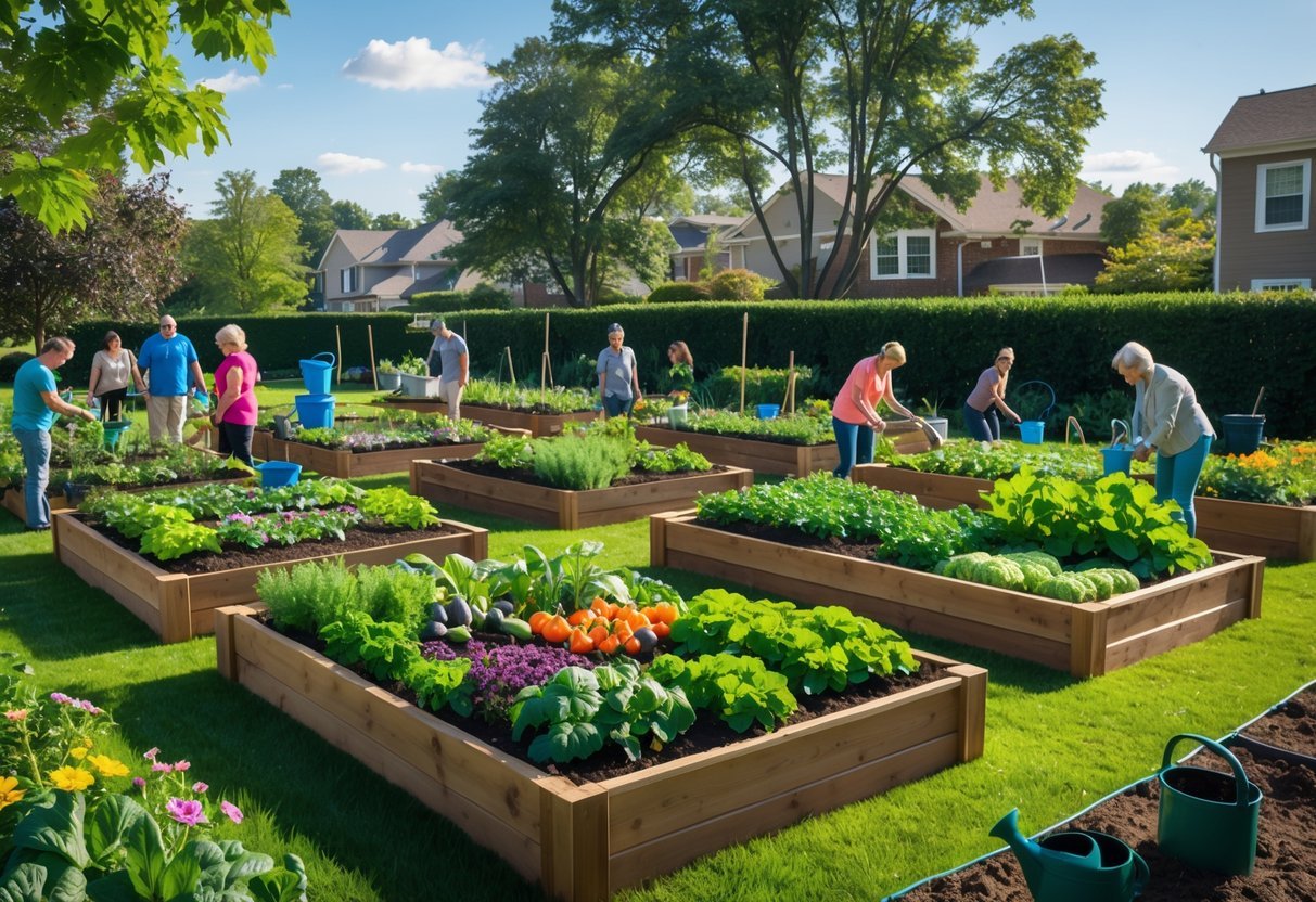 23+ Community Garden Plot Ideas: Must-Try Designs for US Urban Growers 9 Community garden with raised wooden beds filled with vegetables and flowers, people gardening together on a sunny day.