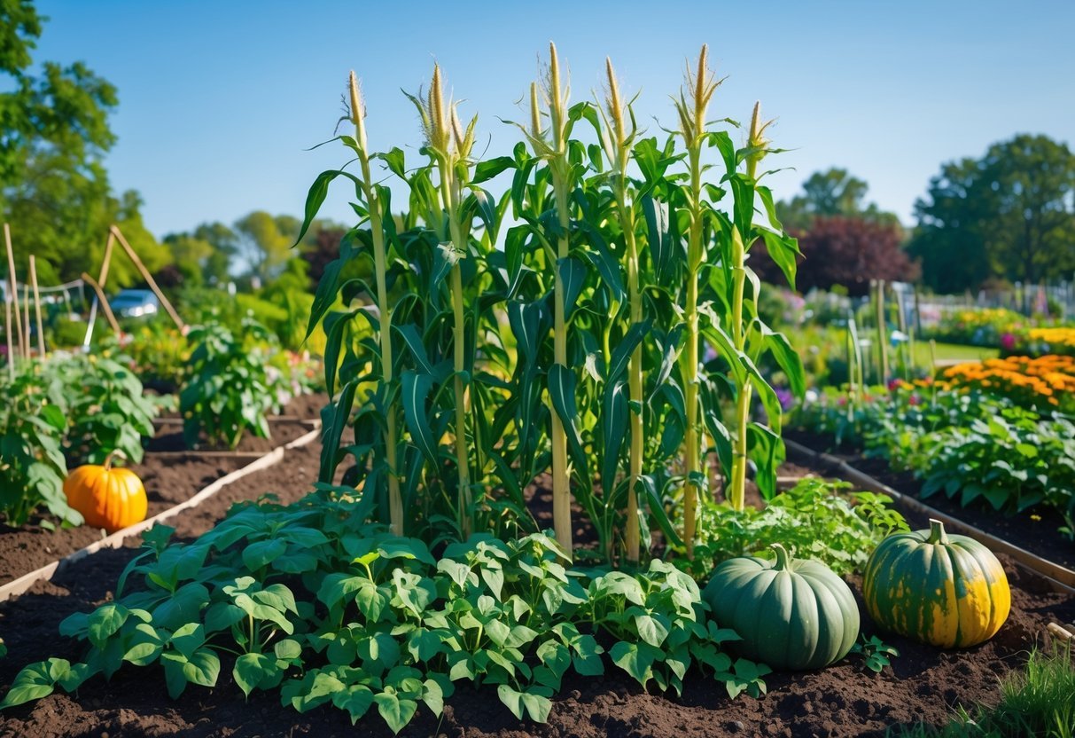 23+ Community Garden Plot Ideas: Must-Try Designs for US Urban Growers 10 A community garden plot with corn stalks, climbing beans, and sprawling squash plants growing together.