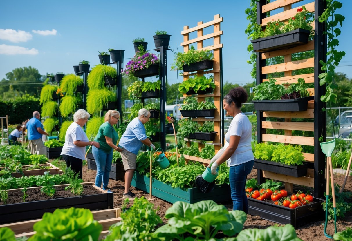 23+ Community Garden Plot Ideas: Must-Try Designs for US Urban Growers 12 Community garden with people tending to vertical garden plots filled with plants and vegetables on a sunny day.