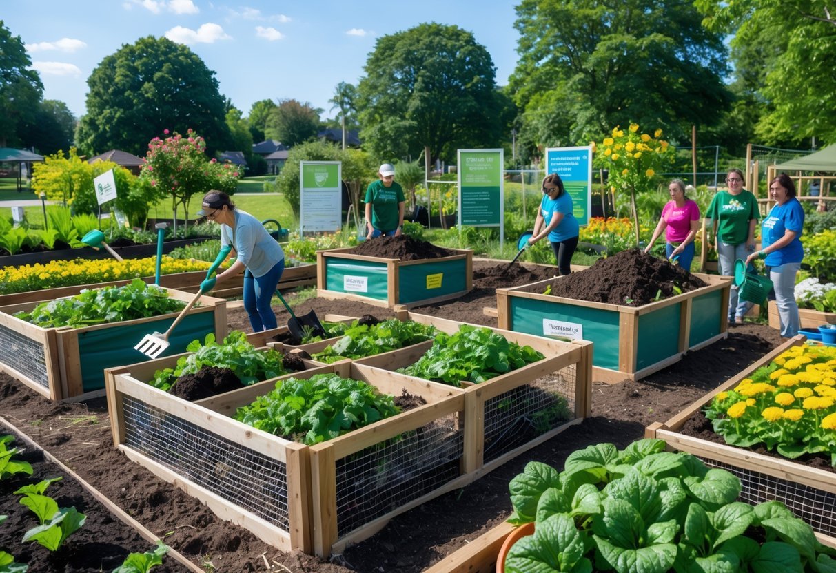 23+ Community Garden Plot Ideas: Must-Try Designs for US Urban Growers 13 Community garden compost demonstration area with compost bins, people working with organic waste, and healthy plants growing around.