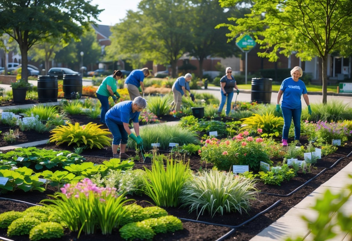 23+ Community Garden Plot Ideas: Must-Try Designs for US Urban Growers 14 A community rain garden with diverse plants and flowers, people gardening, and a clean neighborhood setting.
