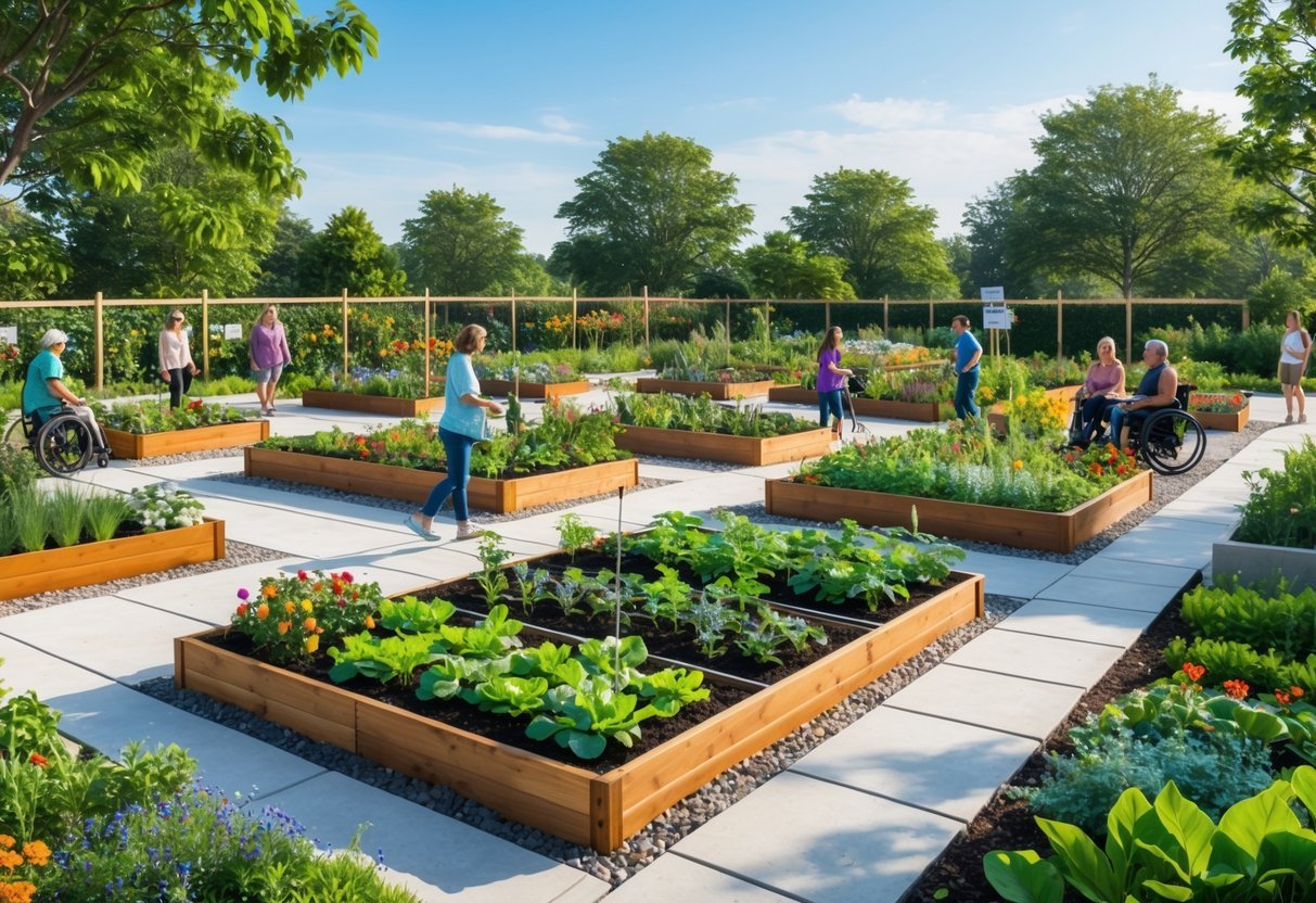 23+ Community Garden Plot Ideas: Must-Try Designs for US Urban Growers 15 Community garden with raised accessible garden beds and people gardening together on paved paths.
