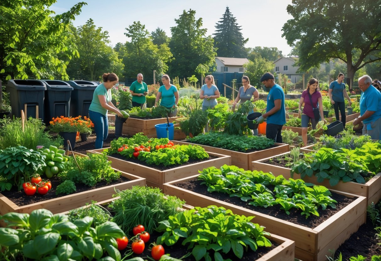 23+ Community Garden Plot Ideas: Must-Try Designs for US Urban Growers 16 Community members tending to a vibrant culinary garden with raised beds full of herbs and vegetables on a sunny day.