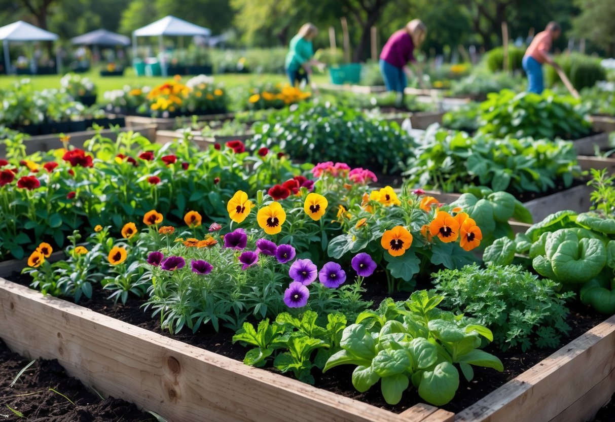 23+ Community Garden Plot Ideas: Must-Try Designs for US Urban Growers 17 A colorful community garden plot filled with blooming edible flowers and green herbs in a raised wooden bed, with gardeners and other plots in the background.