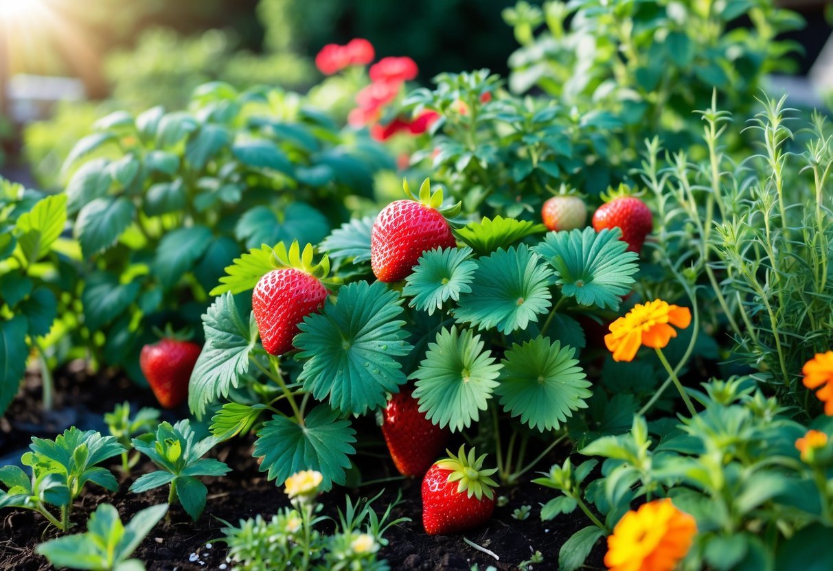16+ Companion Plants for Strawberries: Proven Choices to Boost Growth and Flavor in Your US Garden 2 A garden bed with ripe strawberry plants growing alongside herbs and flowers like basil, thyme, mint, marigolds, and nasturtiums.