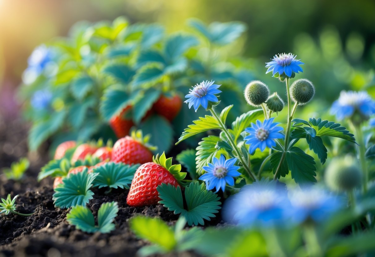 16+ Companion Plants for Strawberries: Proven Choices to Boost Growth and Flavor in Your US Garden 3 Strawberry plants with ripe red fruits growing next to blooming blue borage flowers in a garden.