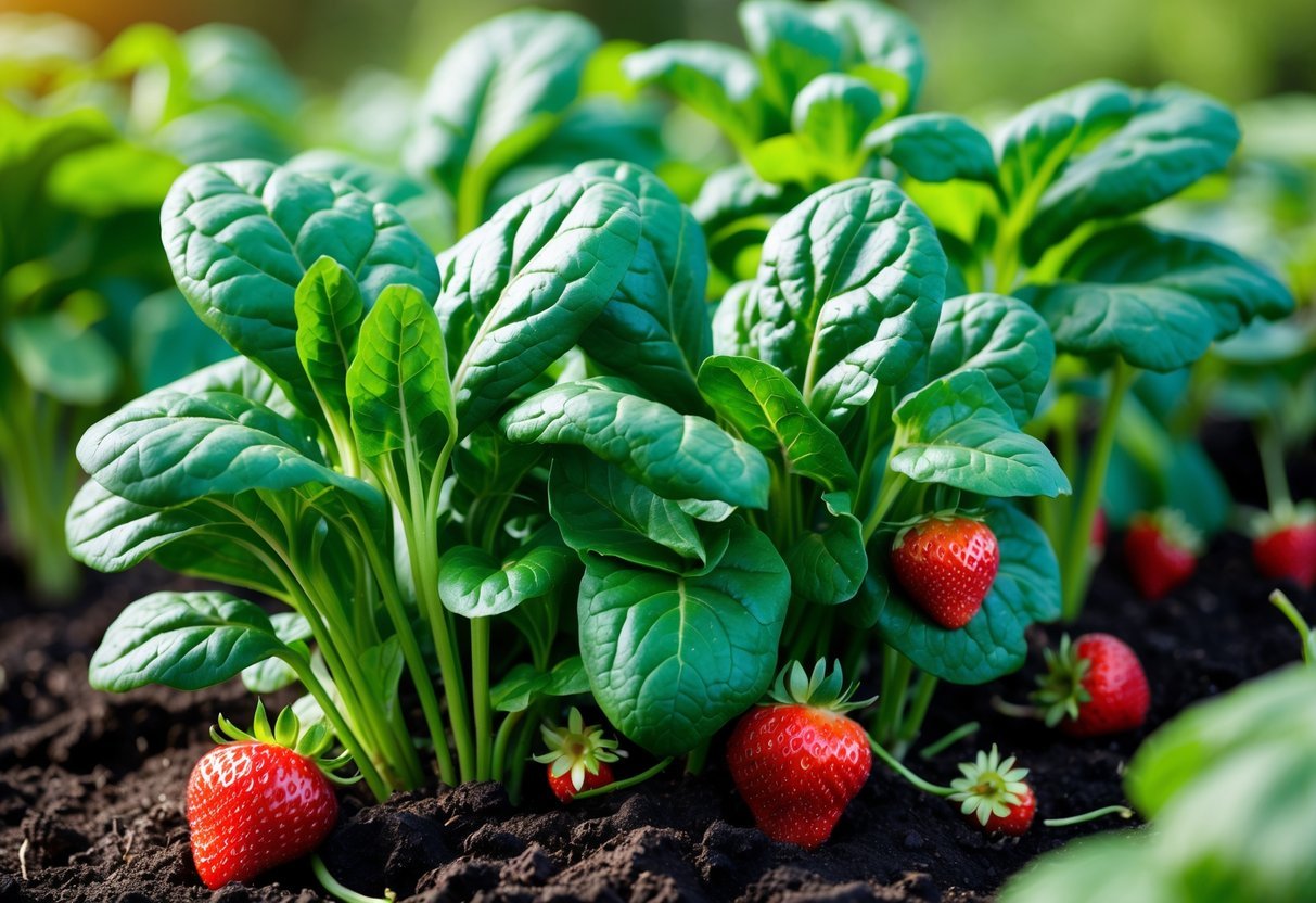 16+ Companion Plants for Strawberries: Proven Choices to Boost Growth and Flavor in Your US Garden 4 A garden bed with green spinach plants growing next to ripe red strawberries.