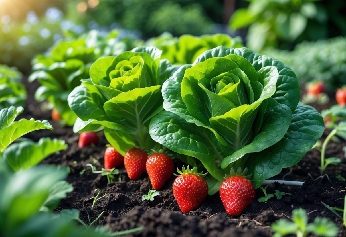 16+ Companion Plants for Strawberries: Proven Choices to Boost Growth and Flavor in Your US Garden 5 A garden bed with green lettuce plants growing next to ripe red strawberries in natural sunlight.