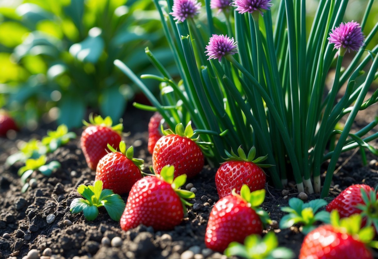 16+ Companion Plants for Strawberries: Proven Choices to Boost Growth and Flavor in Your US Garden 6 Close-up of ripe strawberries growing next to green chive plants with purple flowers in a garden bed.