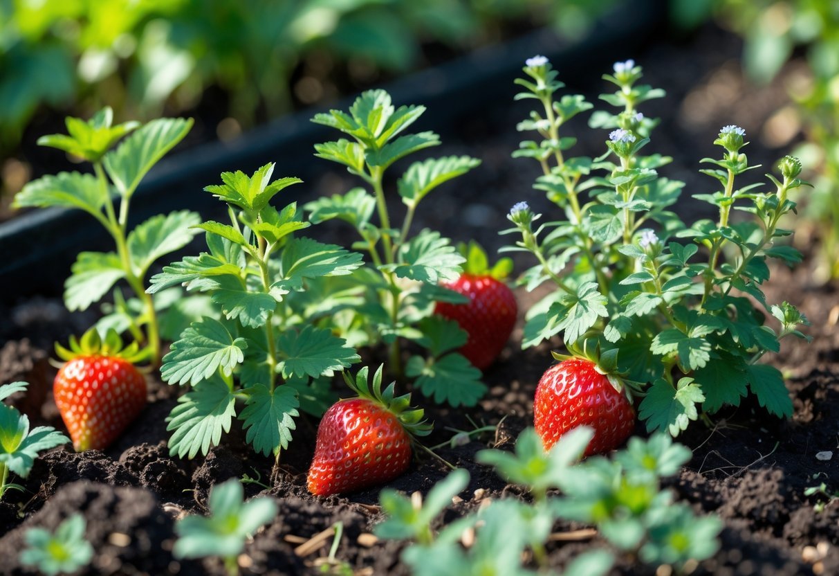 16+ Companion Plants for Strawberries: Proven Choices to Boost Growth and Flavor in Your US Garden 7 Close-up of strawberry plants growing alongside five types of thyme plants in a garden bed with dark soil.