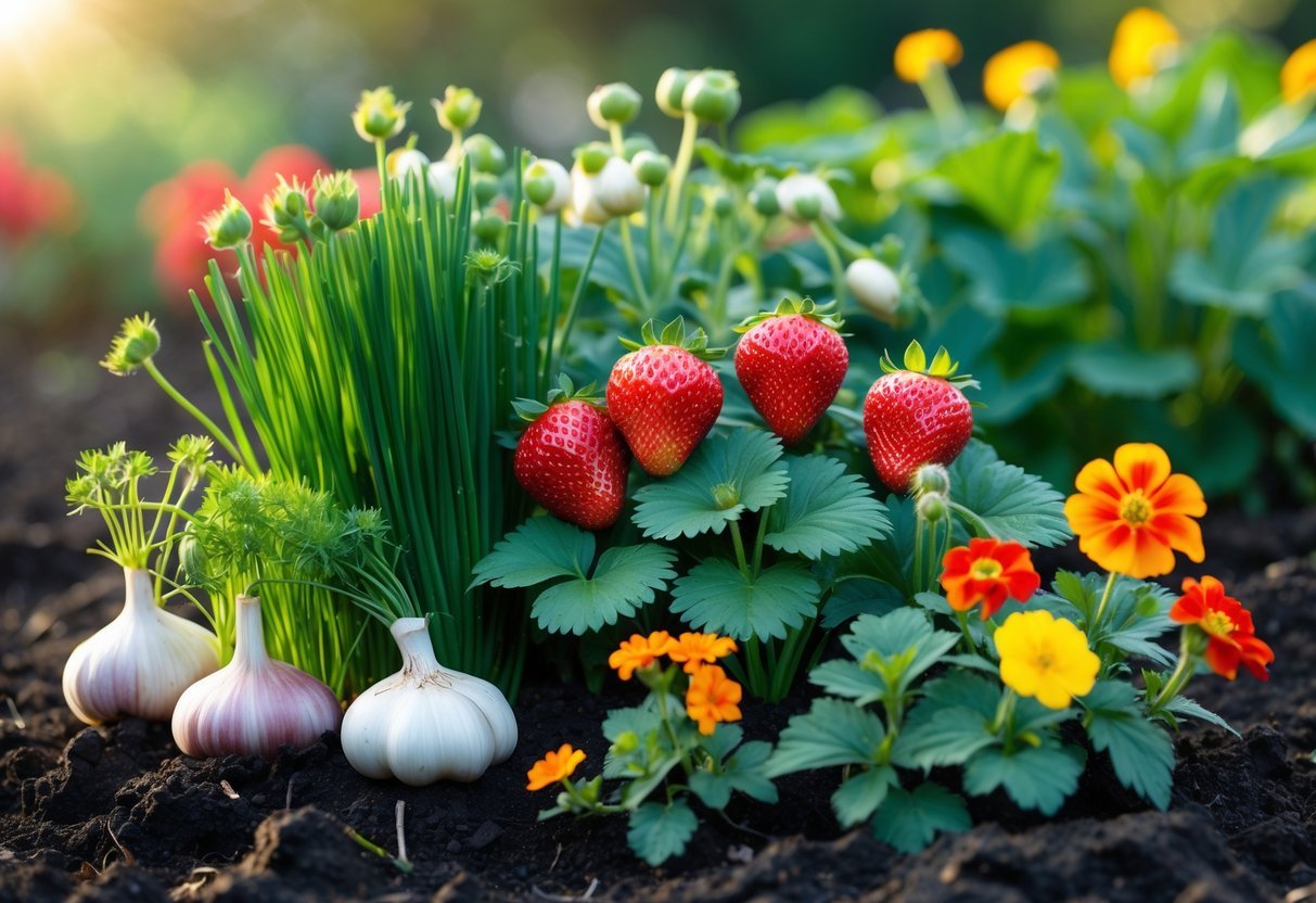 16+ Companion Plants for Strawberries: Proven Choices to Boost Growth and Flavor in Your US Garden 8 A garden bed with ripe strawberries growing alongside garlic and five other companion plants in sunlight.