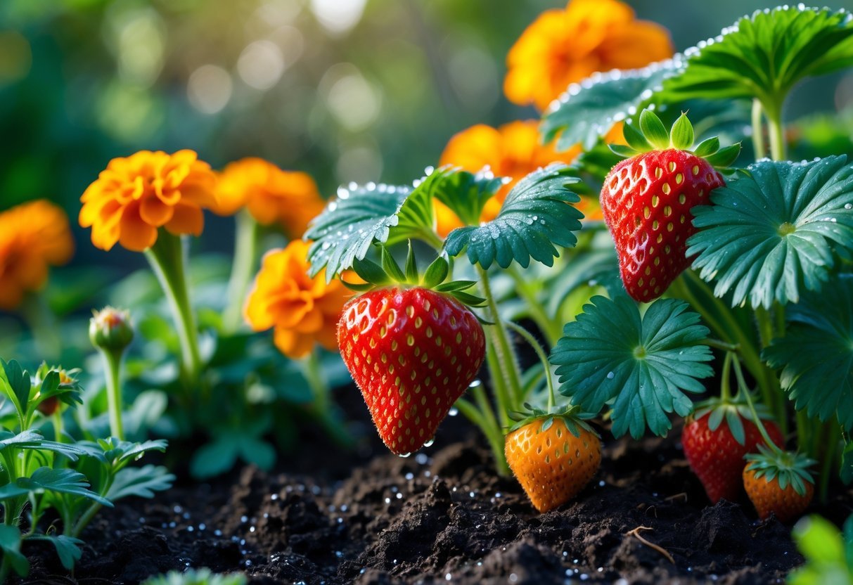 16+ Companion Plants for Strawberries: Proven Choices to Boost Growth and Flavor in Your US Garden 9 Close-up of a strawberry plant growing next to bright orange marigold flowers in a garden bed.