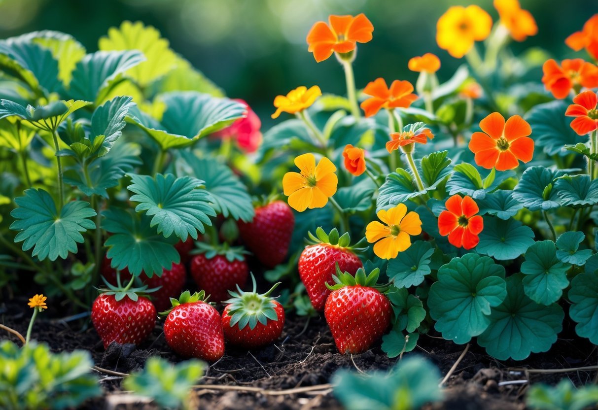 16+ Companion Plants for Strawberries: Proven Choices to Boost Growth and Flavor in Your US Garden 10 A garden bed with ripe strawberries growing next to blooming orange and yellow nasturtium flowers and green leaves.