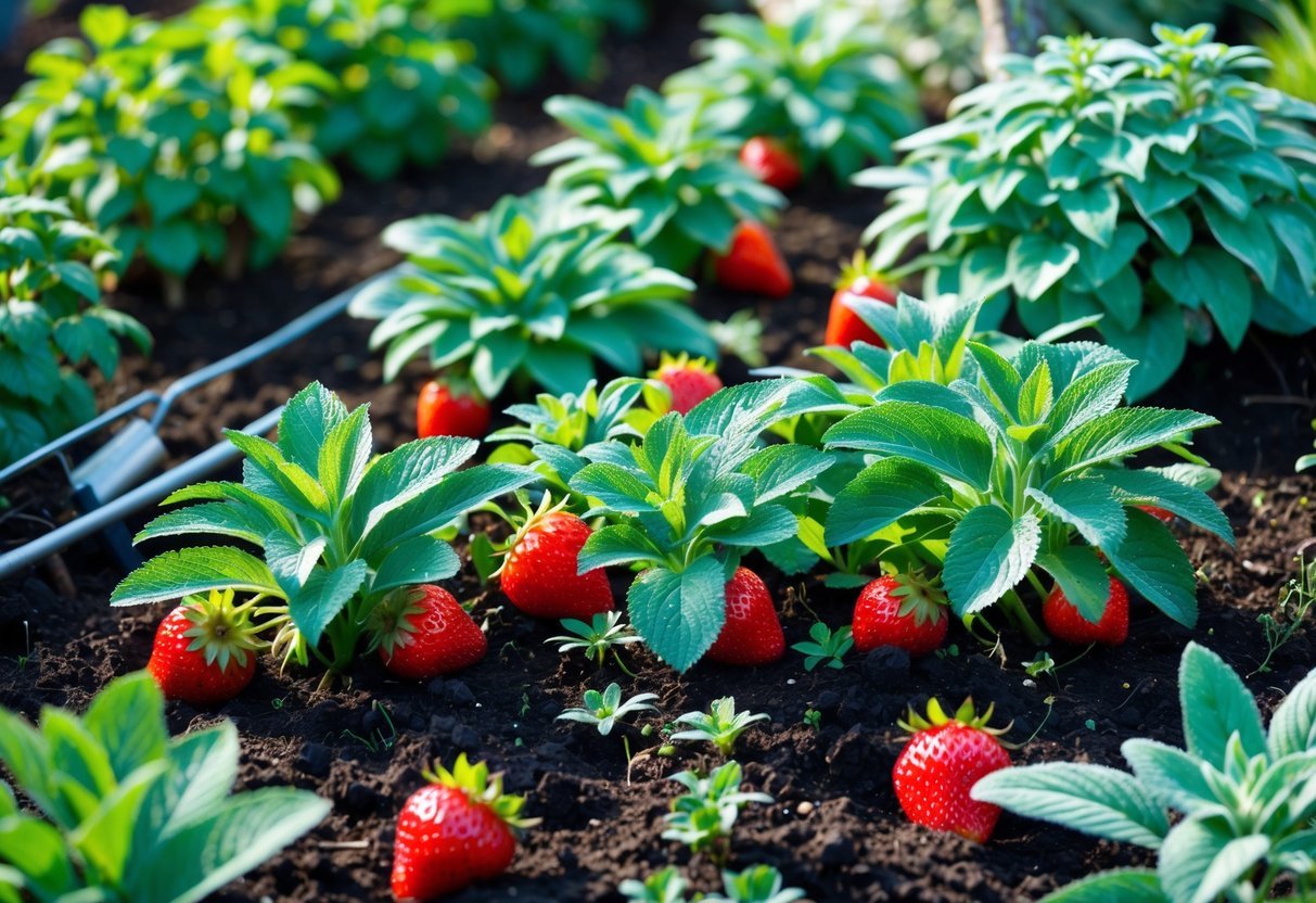 16+ Companion Plants for Strawberries: Proven Choices to Boost Growth and Flavor in Your US Garden 11 A garden bed with healthy strawberry plants surrounded by nine different types of sage plants under natural sunlight.