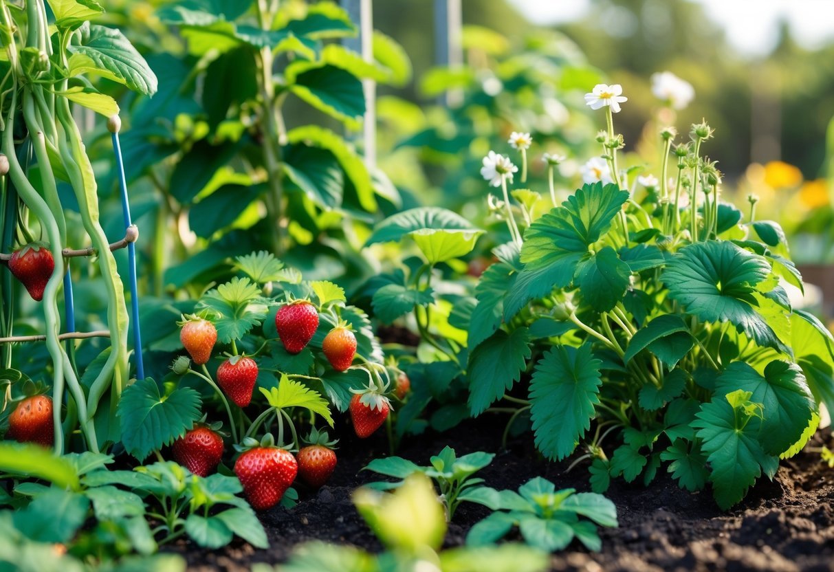 16+ Companion Plants for Strawberries: Proven Choices to Boost Growth and Flavor in Your US Garden 12 A garden bed with strawberry plants growing alongside various types of bean plants, showing ripe strawberries and green foliage.