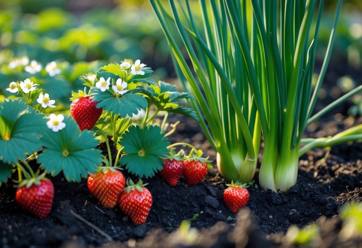 16+ Companion Plants for Strawberries: Proven Choices to Boost Growth and Flavor in Your US Garden 13 Close-up of strawberry plants growing next to onion plants in a garden bed.