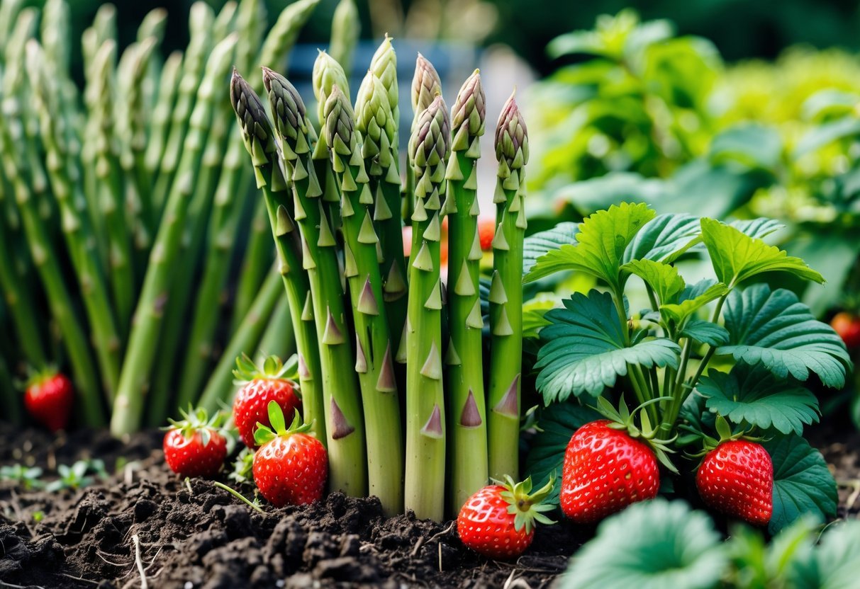 16+ Companion Plants for Strawberries: Proven Choices to Boost Growth and Flavor in Your US Garden 14 A garden scene with green asparagus plants growing next to ripe red strawberry plants in rich soil.