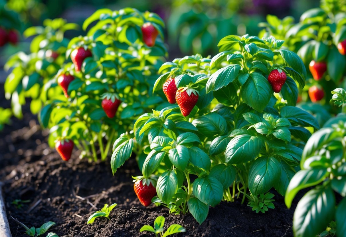 16+ Companion Plants for Strawberries: Proven Choices to Boost Growth and Flavor in Your US Garden 15 Strawberry plants growing next to basil plants in a garden bed with ripe strawberries and green leaves.