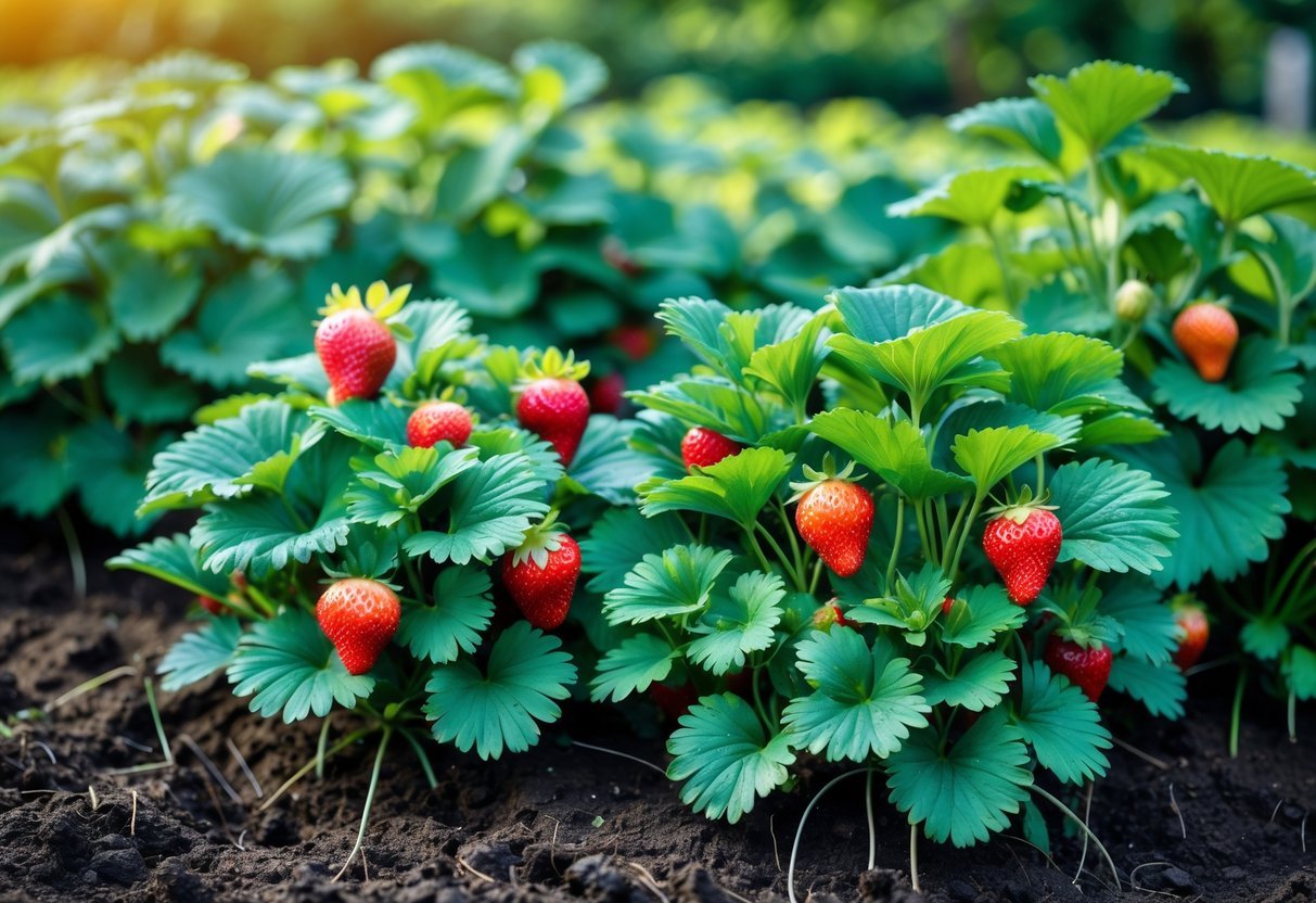 16+ Companion Plants for Strawberries: Proven Choices to Boost Growth and Flavor in Your US Garden 16 A garden bed with green strawberry plants bearing ripe red strawberries growing next to broad-leaved horseradish plants.