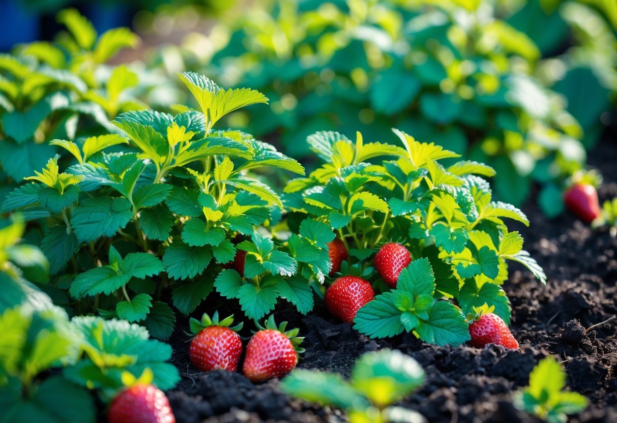 16+ Companion Plants for Strawberries: Proven Choices to Boost Growth and Flavor in Your US Garden 17 A garden bed with strawberry plants growing alongside mint plants, showing ripe strawberries and green mint leaves.