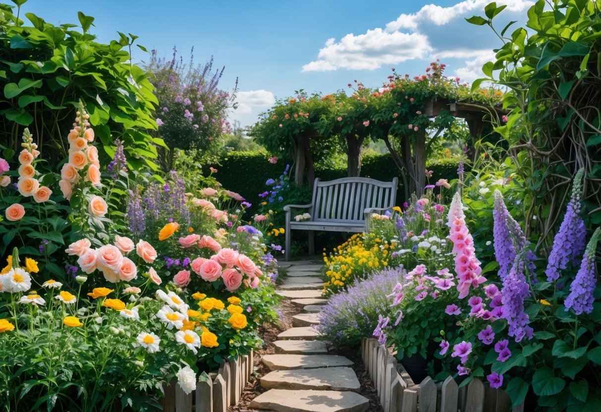 23+ Cottage Garden Flowerbed Ideas: Stunning Designs to Transform Your US Backyard 2 A colorful flowerbed in a cottage garden with various blooming flowers and green plants, a stone pathway, and a wooden bench in the background.