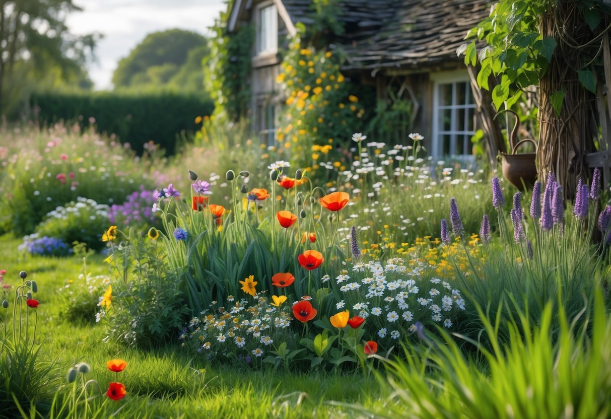 23+ Cottage Garden Flowerbed Ideas: Stunning Designs to Transform Your US Backyard 3 A colorful wildflower meadow flowerbed next to a cottage garden with various blooming flowers and greenery under soft sunlight.