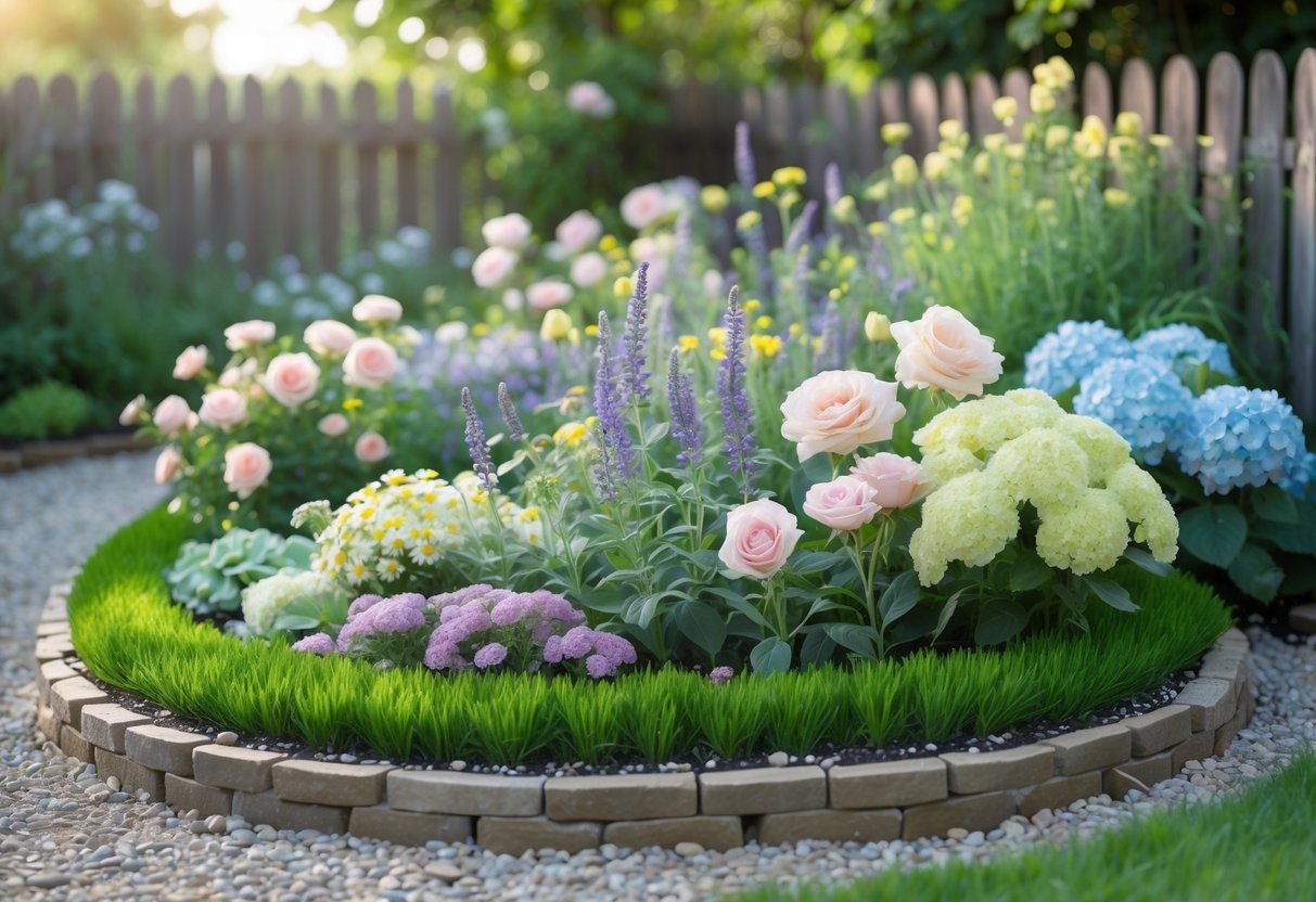 23+ Cottage Garden Flowerbed Ideas: Stunning Designs to Transform Your US Backyard 4 A curved flowerbed filled with pastel-colored flowers in a cottage garden setting with green grass and a wooden fence in the background.